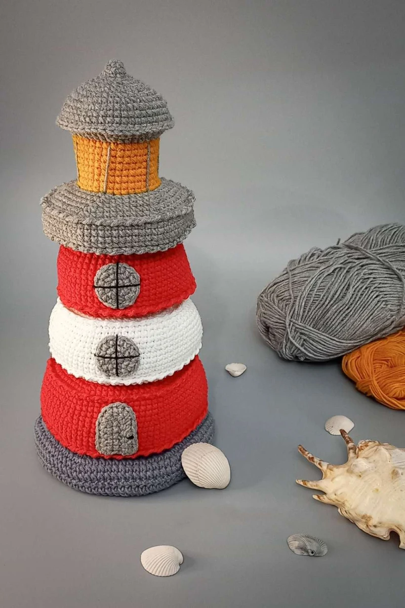 Complimentary Intermediate crochet pattern: Lighthouse Stacking Toy Amigurumi Pattern - Simple to follow guide