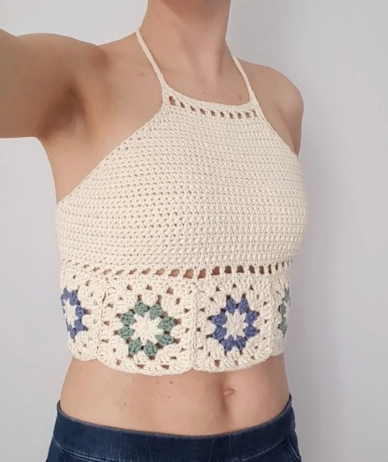 Complimentary Intermediate crochet pattern: Hepatica Granny Square Halter Top Pattern - Simple to follow guide